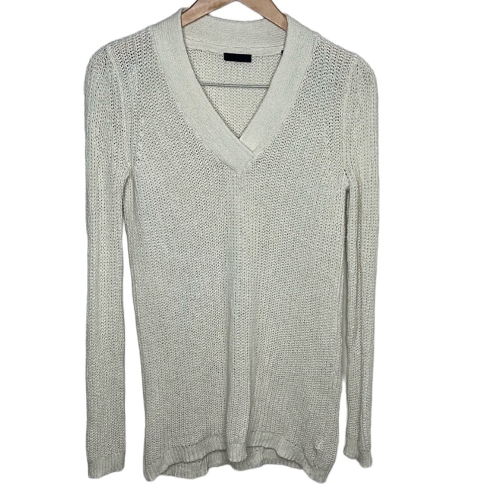 ATM White Knit V-Neck Cotton Linen Sweater Women Size Small BLEMISH
